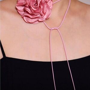 Pink Rose Choker Necklace Adjustable Ribbon Tie